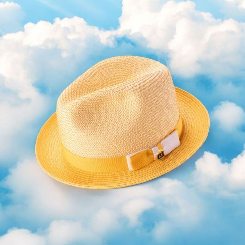MONTIQUE MENS GOLD BRAIDED TWO TONE STINGY BRIM PINCH FEDORA HAT. H68.